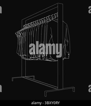 Eine schwarz-weiße Linienzeichnung eines Kleiderständers mit ordentlich aufgehängten Kleidungsstücken, mit Kleiderbügeln und gefalteten Ärmeln. Der dunkle Hintergrund betont das c Stock Vektor