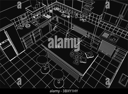 Eine schwarz-weiße Konturzeichnung einer Küche mit Holztisch mit Stühlen, Waschbecken und Wasserhahn, Wandschränken und verschiedenen Gegenständen auf t Stock Vektor