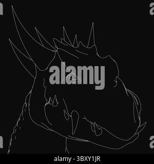 Ein wilder Drachenkopf in schwarz-weißer Linienart, weit ausgebreitete Flügel, offener Mund mit scharfen Zähnen. Detaillierte Skalen und aufmerksame Augen verbessern den Realist Stock Vektor