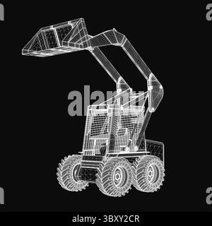 Kompaktlader-3D-Modell mit detaillierter Drahtmodellstruktur und Scheinwerfern, Kühlergrill und Rädern. Das Fahrzeug hebt sich von einem tiefschwarzen B ab Stock Vektor