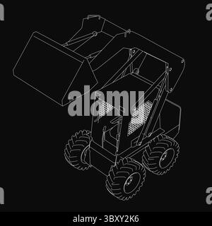 Bobcat Kompaktlader in Schwarz-weiß auf dunklem Hintergrund, mit großen Rädern, einer markanten Kabine und einem detaillierten, skizzenhaften Stil. Stock Vektor