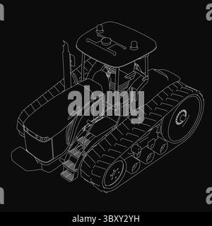 Eine detaillierte schwarz-weiße Zeichnung eines Traktors mit großen Rädern und einer markanten Kabine, die auf einem kräftigen schwarzen Hintergrund für hohen Kontrast steht. Die Innenseite Stock Vektor