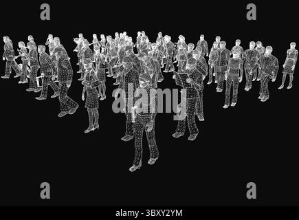 Eine große Gruppe animierter Personen, die in einer Linie auf schwarzem Hintergrund stehen und ein dynamisches Bewegungsgefühl erzeugen. Die Figuren sind glatt gestaltet Stock Vektor