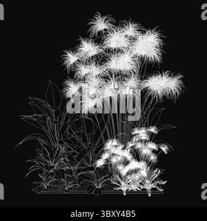 Schwarz-weiße 3D-Konturzeichnung einer zarten Pflanze mit weißen Blüten, mit komplizierten Details und realistischen Schattierungen. Der dunkle Hintergrund enha Stock Vektor