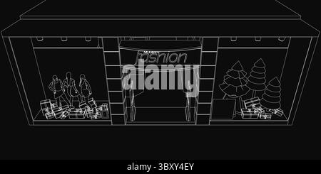 Eine schwarz-weiße Illustration einer Ladenfront mit Personen, die sich draußen versammelt haben, während im Inneren Figuren, Bäume und Objekte vor einem dunklen Rücken sichtbar sind Stock Vektor