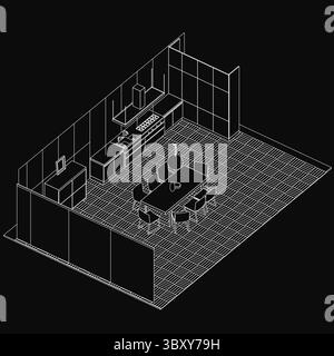 Eine schwarz-weiße Zeichnung einer Kücheneinrichtung mit Holztisch und Stühlen, umgeben von einer dunklen, geheimnisvollen Atmosphäre. Einige Objekte werden platziert Stock Vektor