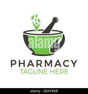 Kräuterpharmacy Logo Vorlage Vektor Branding Design mit Mörtel, Stößel und Blatt Symbol für natürliche Medizin. Stock Vektor