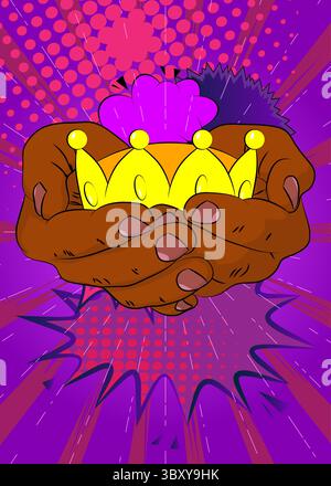 Comic, Comic-Buch menschliche Hände halten Crown. Retro-Vektor-Comics Pop-Art-Design. Stock Vektor