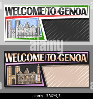 Vektor-Layout für Genua mit Kopierraum, dekorative Vorlage mit Umrissillustration der berühmten genua Stadtlandschaft auf Tag und Abend Himmel Hintergrund, A Stock Vektor