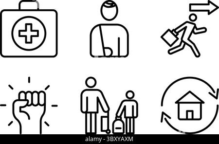 Ikonen für menschliche Auswirkungen, einschließlich Evakuierung, Unterbringung, Verletzte, Protest, humanitäre Hilfe, und Flüchtling. Perfekt für Krisen-, Krieg- und Hilfsmaßnahmen Stock Vektor