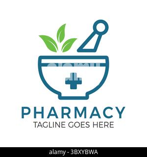 Kräuterpharmacy Logo Vorlage Vektor Branding Design mit Mörtel, Stößel und Blatt Symbol für natürliche Medizin. Stock Vektor