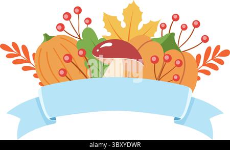 Eine gemütliche Herbstkarte mit Waldpilzen, Kürbissen, Ahornblättern, roten Beeren und Bandrahmen. Stock Vektor