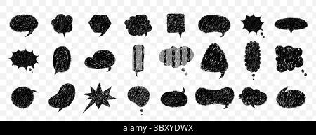 Buntstifte Sprechblasen. Set aus Buntstiften-Comic-Rahmen im handgezeichneten Stil. Schmirgelstruktur. Kindliche Vektor-Illustration isoliert auf Transparent Stock Vektor