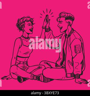 Freundschaftstag Hand gezeichnet Vektor-Illustrationen von besten Freunden umarmen, lachen, zusammen sitzen, Gruppe Freunde Kunstwerke für Karten, Poster, Aufkleber Stock Vektor