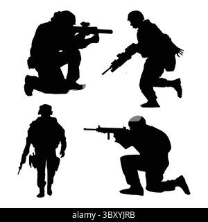 Silhouette der Militärarmee mit Waffen, US-Männer Soldaten mit Gewehr Unabhängigkeit oder Memorial Day Hintergrund Band 03 Stock Vektor