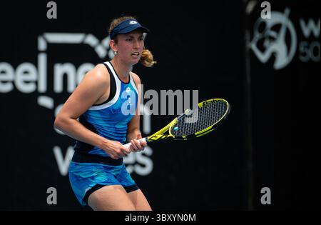 12. Januar 2022, SYDNEY, AUSTRALIEN: Elise Mertens aus Belgien in Aktion während der zweiten Runde des Sydney Tennis Classic WTA 500-Tennisturniers 2022 gegen Daria Kasatkina aus Russland (Credit Image: © Rob Prange/AFP7 Via ZUMA Press Wire) Stockfoto