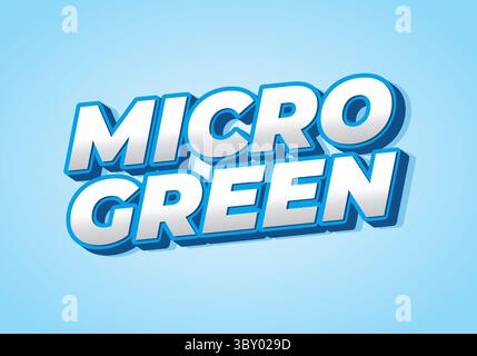 Ein lebendiges Grafikdesign mit den Worten MICRO GREEN in auffälliger 3D-Typografie. Der Text ist mit einem blauen Umriss und einem hellblauen Hintergrund versehen, c Stock Vektor