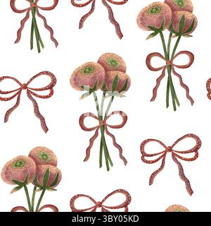 Ein nahtloses Aquarellmuster mit einem Blumenstrauß aus drei zarten rosa Ranunkeln mit Stielen, aber ohne Blätter, gebunden mit einem korallenrosa Streifenband Stockfoto