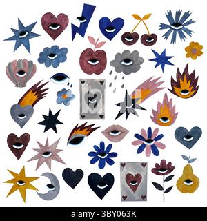 Ein Aquarelldesign-Set mit stilisierten Herzen, Sternen, Blitzen, Blumen, Karten, und Kometen mit Augen auf weißem Hintergrund. Dieses verspielte und Stockfoto