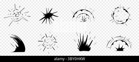 Explosionseffekt-Comic-Manga-Linienskizze. Bewegungsanime explodiert, radiale Action-Explosion. Runde Explosionswolke Silhouette auf transparentem Hintergrund. Vektorabbildung Stock Vektor