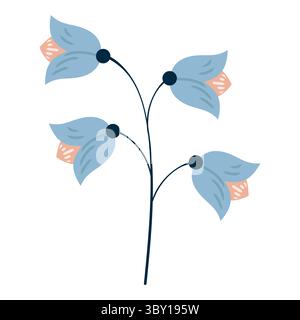 Blumenzweig Mit Vier Blauen Blütenknospen Und Dünnen Stielen. Filigrane Zeichentrickpflanze. Niedliches Naturkraut, perfekt für Einladungen, Karten, Poster Stock Vektor