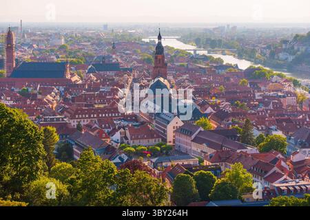 Panoramaaufnahme mit Heidelbergs historischen Gebäuden und üppigem Grün am frühen Morgen. Stockfoto