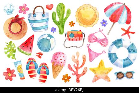 Set mit Aquarellen am Strand. Handgezeichnete Sommerobjekte: Badesachen, Kamera, Sonnenschirm, Sonnenbrille, Hut. Abbildung auf weißem Hintergrund. Stockfoto