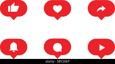 Symbole für Social-Media-Elemente, wie, „Love“, „Comment“, „Glockenbenachrichtigung“ und „Share“-Symbol Stock Vektor