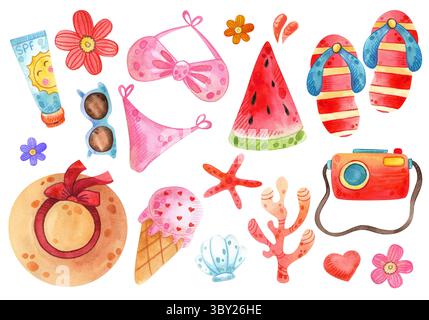 Set mit Aquarellen am Strand. Handgezeichnete Sommerobjekte: Badesachen, Kamera, Sonnenschirm, Sonnenbrille, Hut. Abbildung auf weißem Hintergrund. Stockfoto