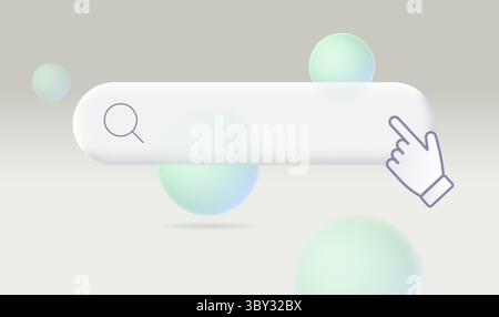 Suchleiste mit Handcursor auf abstraktem, modernem Hintergrund mit schwebenden Kugeln. Vektor-3D-Illustration. Stock Vektor