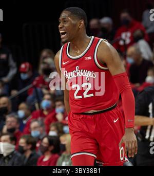 10. Februar 2022, Piscataway, New Jersey, USA: Malaki Branham (22) zieht sich zurück, nachdem er am Mittwoch, den 9. Februar 2022 in der Jersey Mikes Arena in Piscataway, New Jersey, ein Spiel im ersten Basketballspiel zwischen den Ohio State Buckeyes und den Rutgers Scarlet Knights in der Jersey Mikes Arena in Piscataway, New Jersey ausgetragen hatte. Rutgers besiegt #16 Ohio State 66:64. Duncan Williams/CSM(Kreditbild: &Copy; Duncan Williams/CSM via ZUMA Wire) Stockfoto