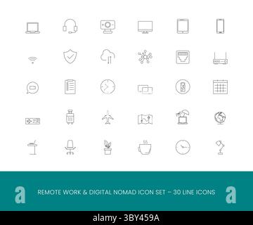 Dünne Linien-Symbolsatz für Fernarbeit und digitale Nomad – 30 minimale Kontursymbole für Heimarbeit, Coworking und Online-Produktivitätstools Stock Vektor