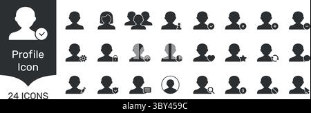 Symbolgruppe Für Profilverwaltung Und Benutzerinteraktion. Symbolsatz Für Benutzeridentifikation, Datenschutz Und Kommunikation. Einstellungen, Sicherheit Und Stock Vektor