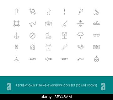 Freizeitfischen und Angeln dünne Linien – 30 minimale Symbole für das Angeln im Freien für Ausrüstung, Ausrüstung und Sport Stock Vektor