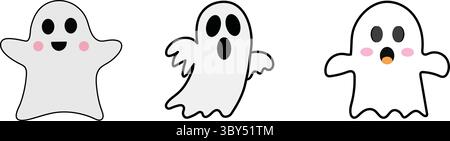 A 3 – Cartoon Set T-Shirt Design mit süßen weißen Geistern, lustig und verspieltem Halloween Stock Vektor