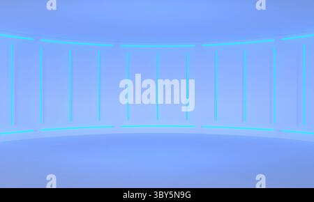 Minimalistische abstrakte hellblaue Hintergrundbühne. Neonlampen an den Wänden des runden Raumes. 3D-Abbildung Stockfoto