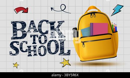 Schultext mit gelber Rucksacktasche und Doodle-Elementen. Back-to-School-Design für Lernbotschaften im Bildungsbereich. Vektorabbildung Stock Vektor