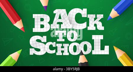 Schulbanner mit Notizbuch und Bleistiften. Zurück zur Schule Banner, Poster. Vektorabbildung Stock Vektor
