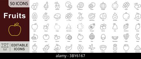 Früchte editierbare Linie Icons Set für gesunde Lebensmittel und natürliche Zutaten Stock Vektor