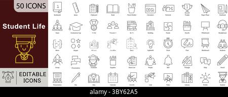 Bearbeitbare Zeilensymbole für Bildungsaktivitäten, Lernaktivitäten und Campus-Aktivitäten im Studentenleben Stock Vektor
