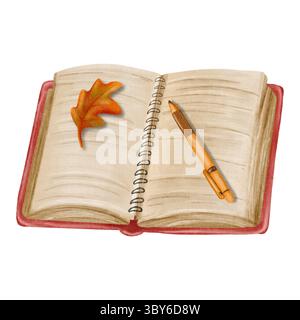 Ein offenes, rot gedecktes Buch mit Spiralbindung liegt flach, mit einem Stift und einem Herbsteichenblatt auf den Seiten. Handbemalt in sanftem Aquarellstil Stockfoto