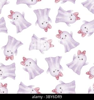 Nahtloses Muster mit einem niedlichen Geist und einer Schleife auf weißem Hintergrund. Gemalt in einem weichen Aquarellstil, perfekt für Halloween-Designs Stockfoto
