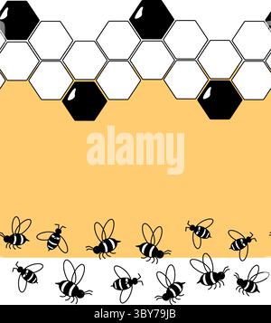 Bienen und Waben horizontale nahtlose Rahmenvorlage. Vektorgrafik-Strichdarstellung. Imkereidekoration, Bienenzuchtrahmen. Comic Inse Stock Vektor