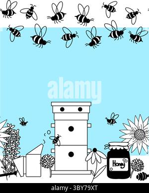 Honigbienen Glas Blumen horizontale nahtlose Rahmenschablone. Vektorgrafik-Strichdarstellung. Perfekt für Karten, Dekorationen, Aufkleber, Logo, mich Stock Vektor