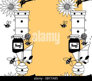 Honigbienen Glas Blumen vertikal nahtlose Rahmenschablone. Vektorgrafik-Strichdarstellung. Perfekt für Karten, Dekorationen, Aufkleber, Logo, Menü Stock Vektor