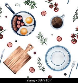 Frühstück Aquarell nahtlose Muster Spiegelei, Wurst, Schneidebrett, Toast, Tomaten, Kaffee, Teller, Knoblauch, Illustration Stockfoto