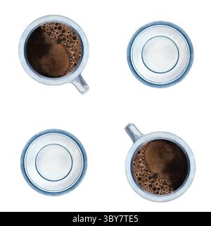 Kaffee Aquarell Tassen schwarzen Kaffees mit weißem Teller mit blauem Rand für Küche, Menü, Café-Design und Dekor Stockfoto