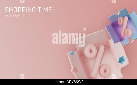 Einkaufsförderungskonzept mit Prozentsymbol in einem offenen Kästchen, umgeben von Sternen. Perfekt visuell für saisonale Rabatte und Online-Shopping-Angebote Stock Vektor