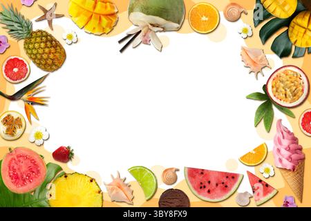 Sommer-Vibe-Karte oder Party-Einladung mit Platz für Text. Rahmen verschiedener Früchte auf farbigem Hintergrund Stockfoto