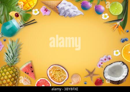 Sommer-Vibe-Karte oder Party-Einladung mit Platz für Text. Verschiedene Früchte und Zeug auf orangefarbenem Hintergrund Stockfoto